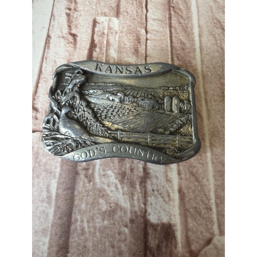 VTG Metal Belt Buckle‎ Kansas 'God's Country' Commemorative Design Made In USA